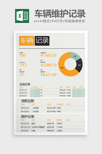 车辆维护管理记录日志Excel表格模板图片