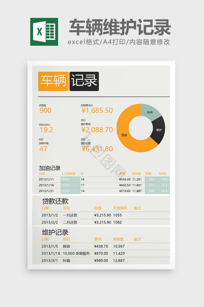 车辆维护管理记录日志Excel表格模板