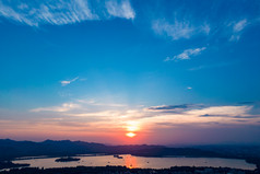 杭州西湖日落晚霞夕阳航拍摄影图