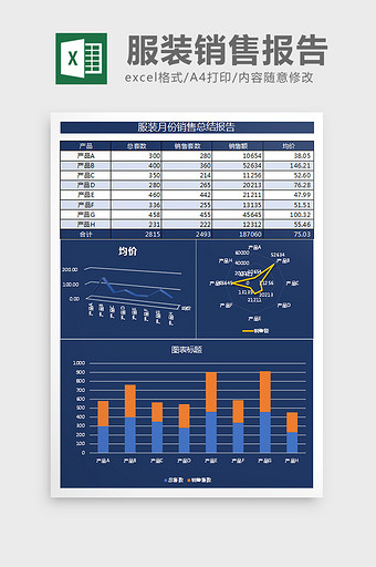 深蓝服装月份报告excel表格模板图片