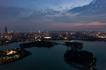 江苏南京玄武湖城市夜景灯光航拍摄影图