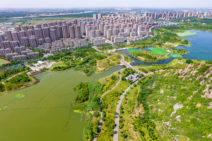 山东济南城市风光华山湖风景区航拍摄影图