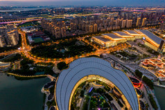 苏州金鸡湖日落晚霞夕阳夜景航拍摄影图