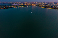 苏州金鸡湖日落晚霞夕阳夜景航拍摄影图