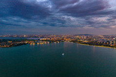 苏州金鸡湖日落晚霞夕阳夜景航拍摄影图