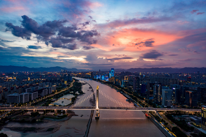 福建福州城市夜幕降临夜景晚霞航拍摄影图