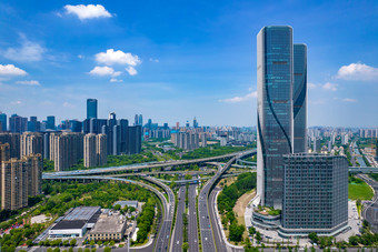 杭州城市交通智慧双子塔航拍摄影图