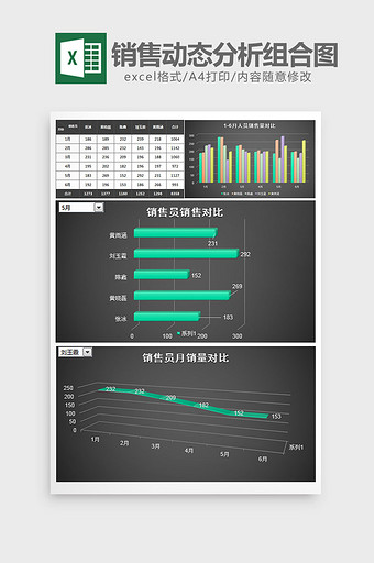 立体半年销售动态分析组合图excel模板图片