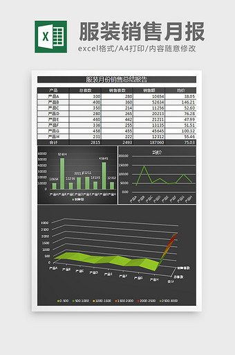 简黑服装月份销售总结excel表格模板图片