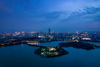 江苏南京城市夜幕降临夜景航拍摄影图