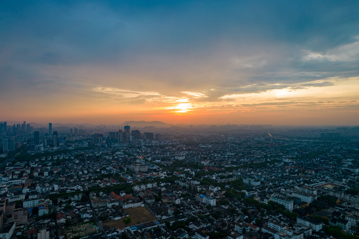 苏州姑苏区日落晚霞夕阳航拍摄影图