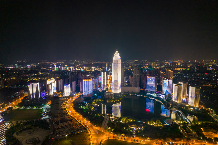 浙江绍兴世贸大厦夜景灯光秀航拍摄影图