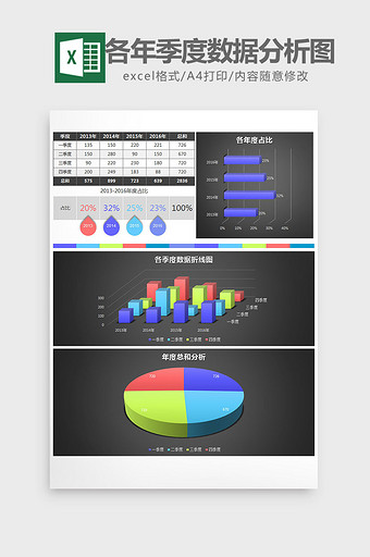 立体各年度按季度数据分析表excel模板图片