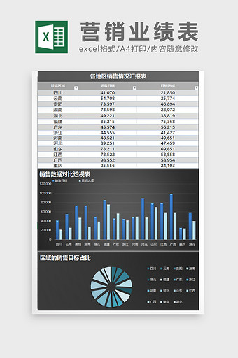 蓝色地区销售数据对比excel表格模板图片