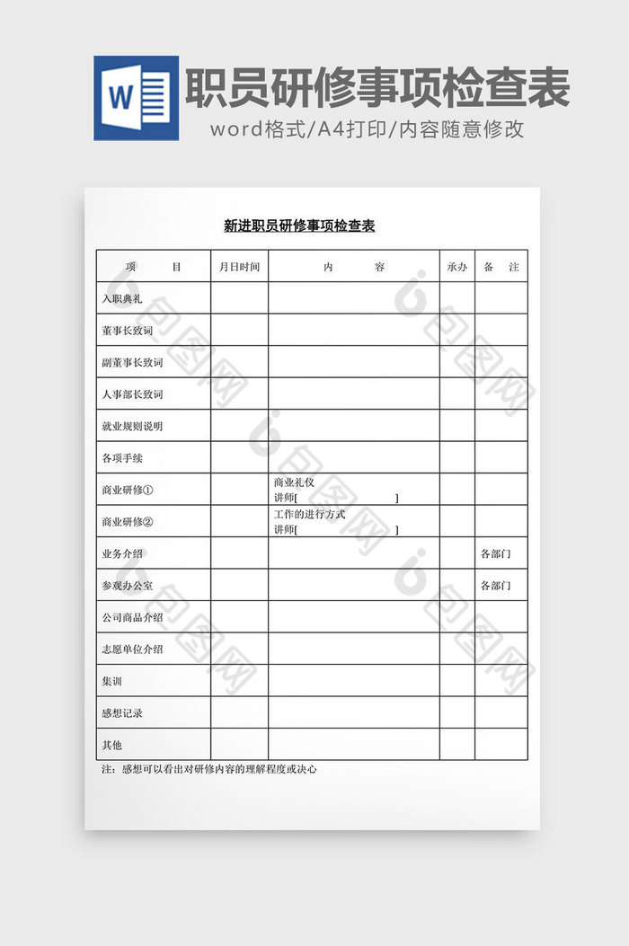 人事管理新职员研修事项检查表word文档图片图片