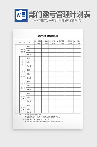 部门别盈亏管理计划表word文档图片