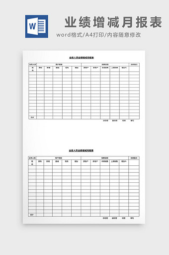 营销管理业绩增减月报表Word文档图片
