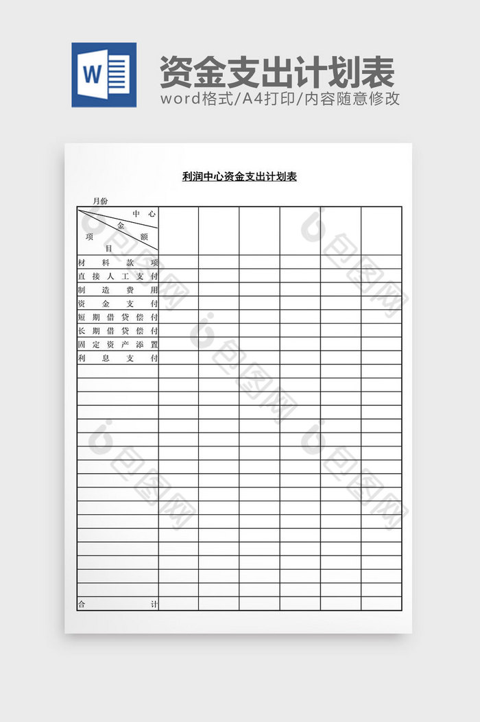 利润中心资金支出计划表word文档图片图片