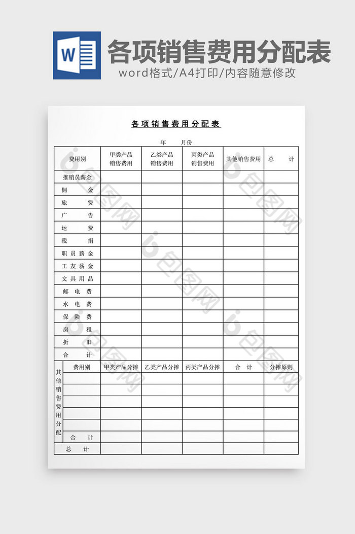 各项销售费用分配表word文档图片图片