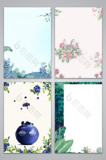 手绘文艺插画日系花朵水果树叶蓝莓背景图图片