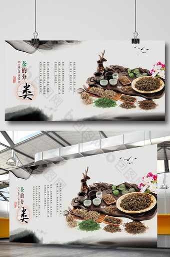 中国风水墨背景茶道文化茶的分类展板图片