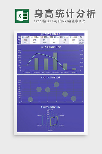 本校大学生身高统计分析Excel模板图片