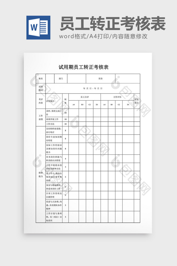 基础人事试用期员工转正考核表word文档图片图片