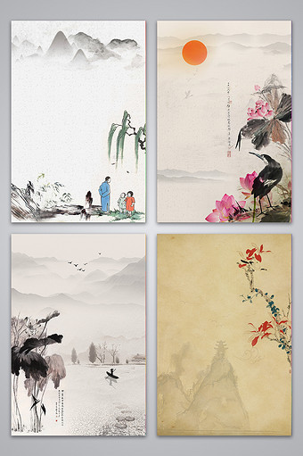中国风工笔画手绘海报设计背景图图片
