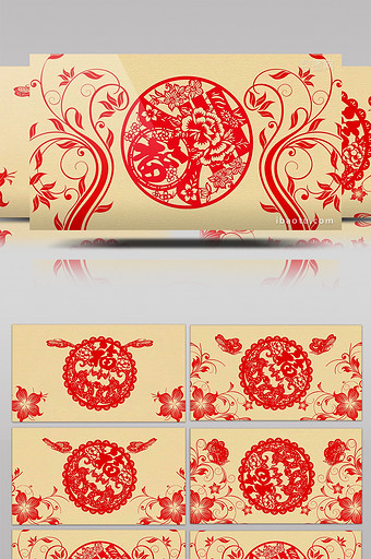 中国风红色剪纸福花纹蝴蝶新年春节晚会视频图片