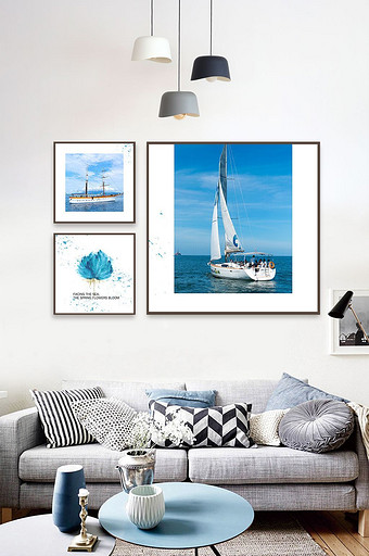 现代清新宁静海岸帆船北欧装饰画图片