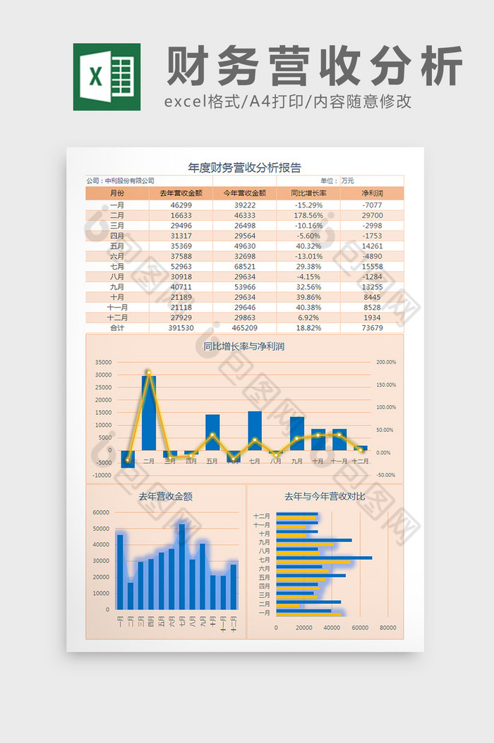 年度财务营收分析报告excel表格模板