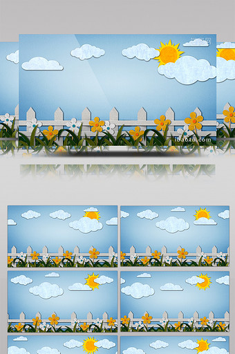 卡通栏杆花园蓝天白云背景视频图片
