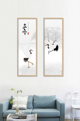 现代冬天雪松红鸟二联装饰画图片
