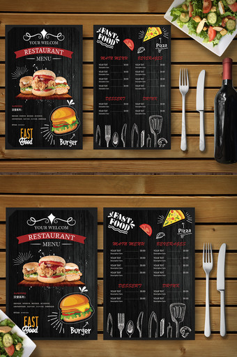 时尚手绘汉堡披萨快餐餐饮宣传菜单图片