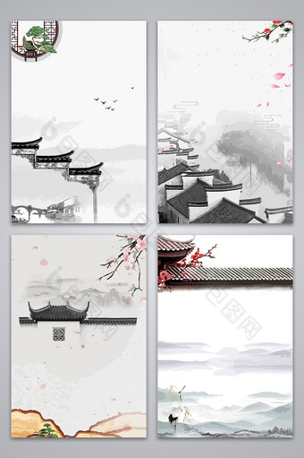 中国风手绘水墨建筑背景图图片