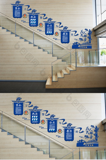 蓝色创意异形微立体公安楼道楼梯文化墙模板图片