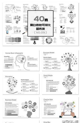 40套黑白信息可视化图表PPT模板图片