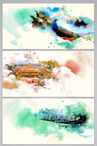 手绘水彩城市背景图图片
