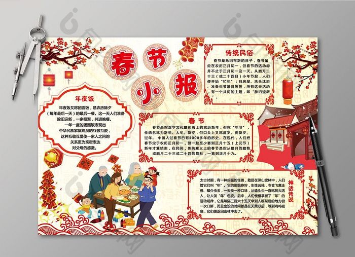 广告设计 其它 【psd】 喜庆春节电子手抄报模板  所属分类: 广告设计