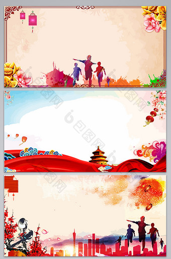 中国风彩色剪影人物建筑元素设计背景图图片