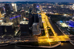 广州城市夕阳晚霞夜幕降临夜景航拍摄影图