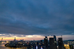 广州城市夕阳晚霞夜幕降临夜景航拍摄影图