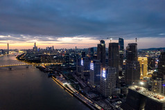 广州城市夕阳晚霞夜幕降临夜景航拍摄影图