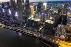 广州城市夕阳晚霞夜幕降临夜景航拍摄影图