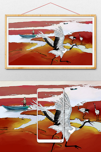 红色湿地动物丹顶鹤插画图片