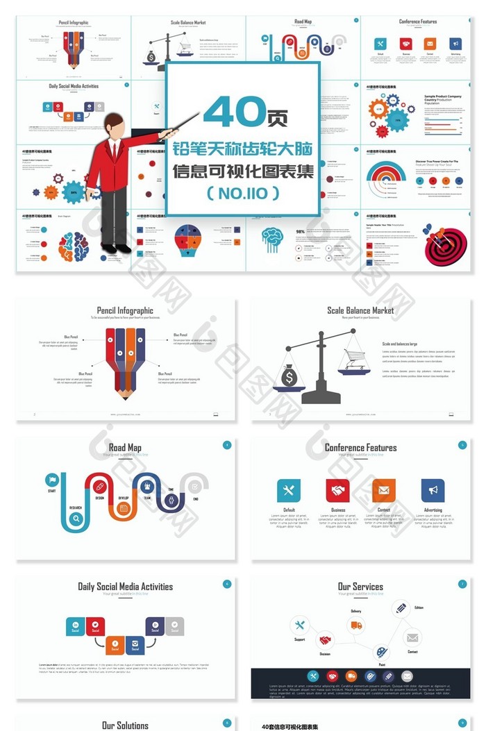 40页铅笔天秤齿轮信息可视化PPT图表图片图片