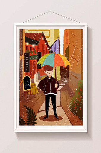 唯美卡通男生撑伞下雨雨水街道手绘插画图片
