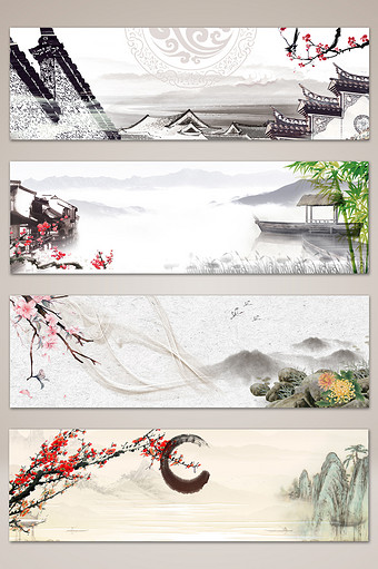 手绘中国风建筑山水banner海报背景图片
