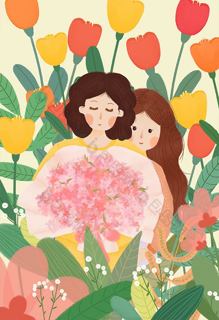 唯美清新母亲节三八妇女节手绘植物卡通插画