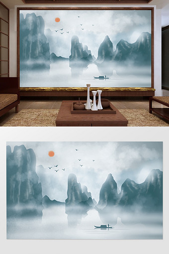 中式大气山水风雾山流水客厅书房电视背景墙图片